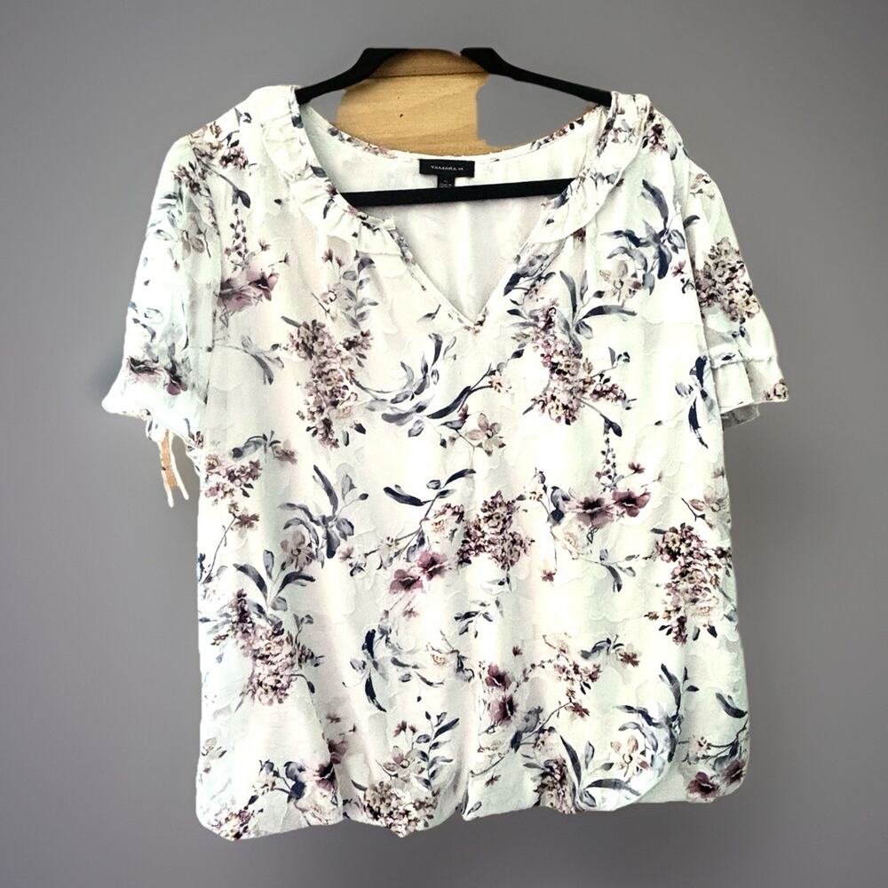 Tamara H Floral Blouse Sz 1X Ruffle V Neck Tie Short Sleeve Sheer Lined Cottage